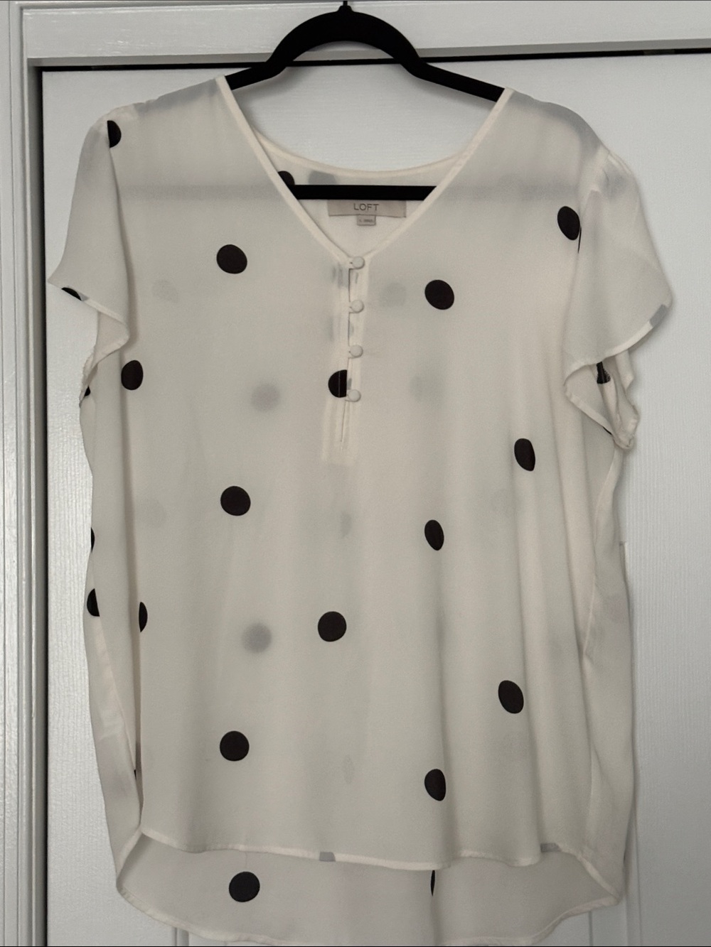 LOFT Cream Blouse with Black Polka Dots and V-Neck